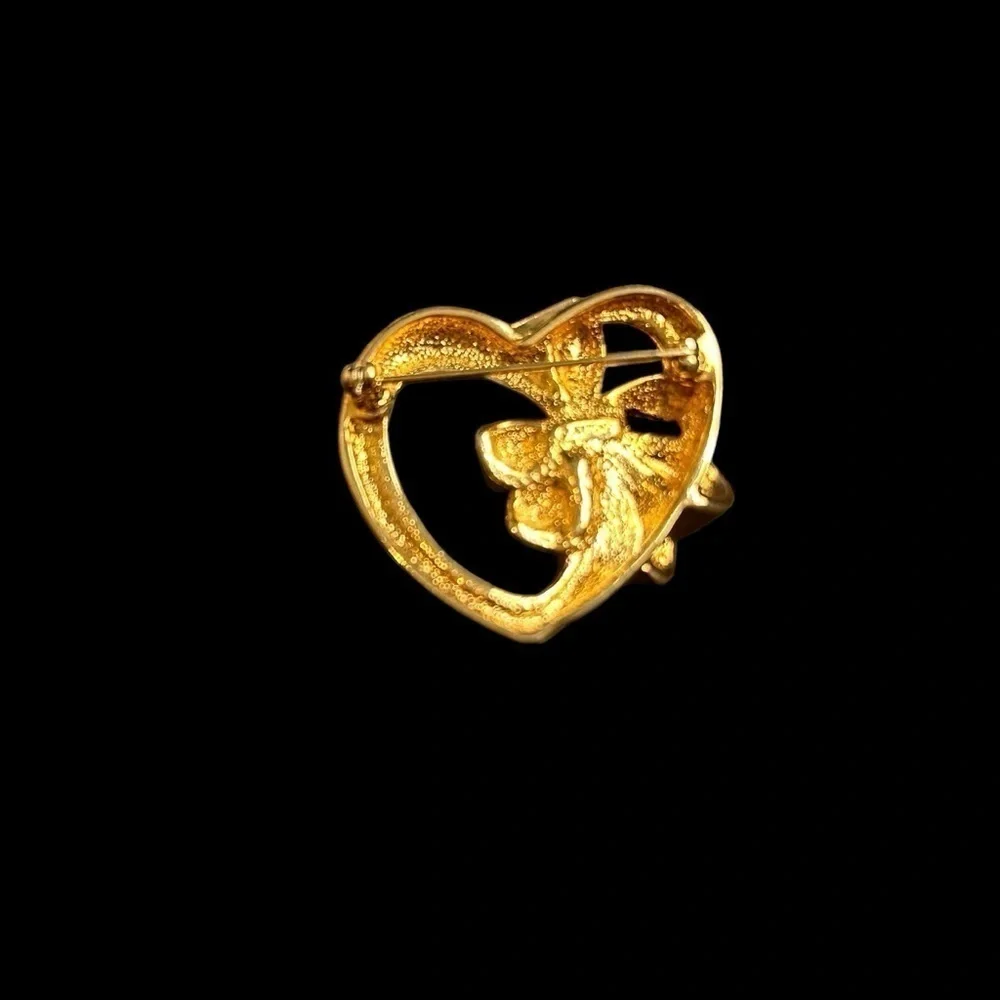 Avon Vintage Heart Gold Tone Ribbon with Clear Rhinestone Accent Brooch Pin